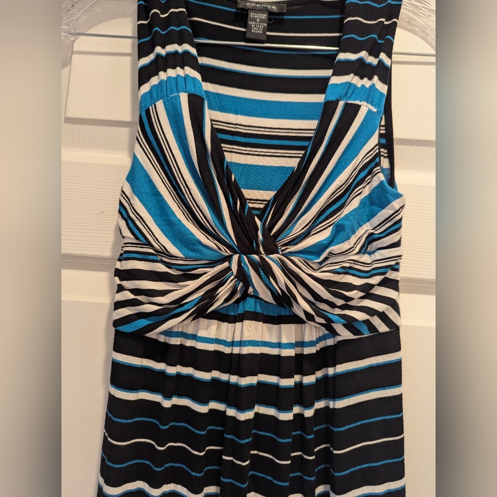 Spense Sleeveless V-neck Black Blue White Stripe Summer Dress Size Small EUC - Picture 3 of 7